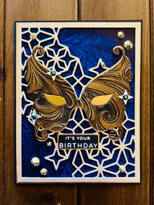 Gold Scrollwork Masquerade Mask Birthday Card - Silver Stars, Elegant and Festive Design