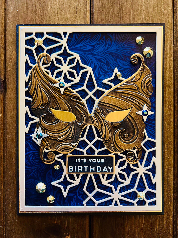 Gold Scrollwork Masquerade Mask Birthday Card - Silver Stars, Elegant and Festive Design