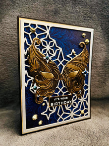 Gold Scrollwork Masquerade Mask Birthday Card - Silver Stars, Elegant and Festive Design