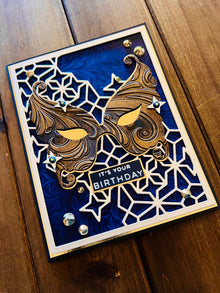 Gold Scrollwork Masquerade Mask Birthday Card - Silver Stars, Elegant and Festive Design