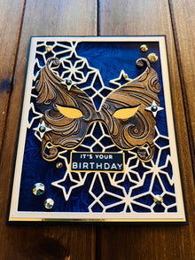 Gold Scrollwork Masquerade Mask Birthday Card - Silver Stars, Elegant and Festive Design