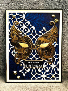 Gold Scrollwork Masquerade Mask Birthday Card - Silver Stars, Elegant and Festive Design