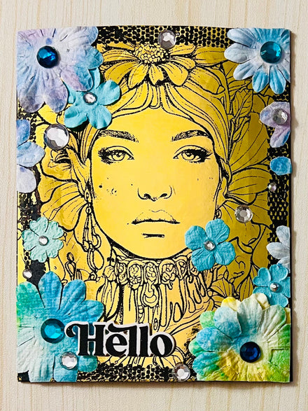 Gold Foiled Lady Hello Card: Floral Headdress, Blue Paper Flowers