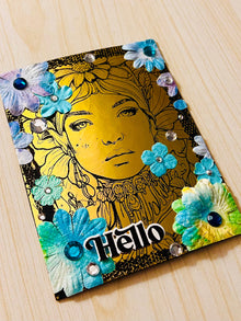 Gold Foiled Lady Hello Card: Floral Headdress, Blue Paper Flowers