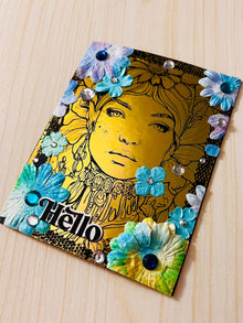 Gold Foiled Lady Hello Card: Floral Headdress, Blue Paper Flowers