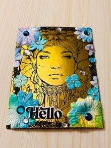 Gold Foiled Lady Hello Card: Floral Headdress, Blue Paper Flowers