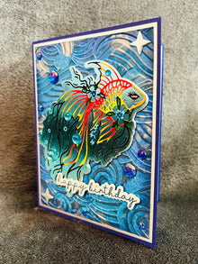 Betta Fish Birthday Card: Embossed Wave, Gem Accents