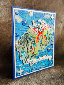 Betta Fish Birthday Card: Embossed Wave, Gem Accents
