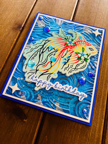 Betta Fish Birthday Card: Embossed Wave, Gem Accents
