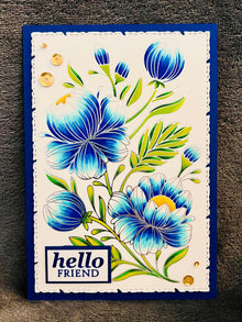 Silver Outlined Blue Floral "Hello Friend" Card