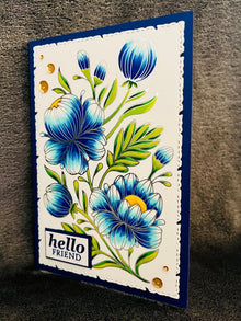 Silver Outlined Blue Floral "Hello Friend" Card
