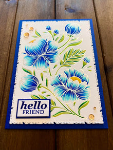 Silver Outlined Blue Floral "Hello Friend" Card