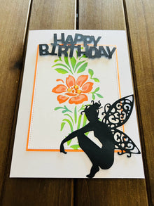 Orange Flower and Fairy Silhouette Birthday Card