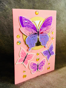 Flutter Wing Butterfly with Smaller Butterfly Trio 3D Pop-Up Flower Spray Blank Card