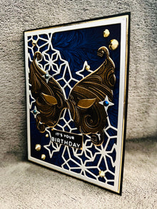 Gold Scrollwork Masquerade Mask Birthday Card - Silver Stars, Elegant and Festive Design