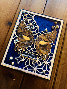 Gold Scrollwork Masquerade Mask Birthday Card - Silver Stars, Elegant and Festive Design