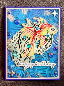 Betta Fish Birthday Card: Embossed Wave, Gem Accents