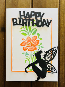 Orange Flower and Fairy Silhouette Birthday Card