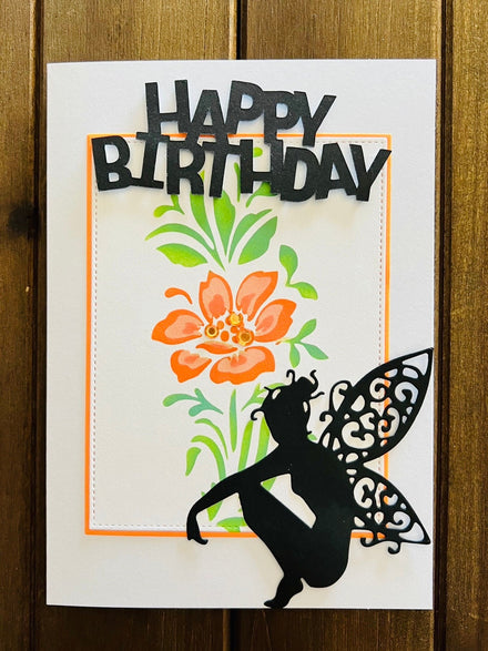 Orange Flower and Fairy Silhouette Birthday Card