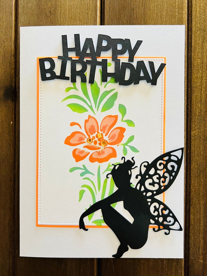 Orange Flower and Fairy Silhouette Birthday Card
