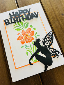 Orange Flower and Fairy Silhouette Birthday Card