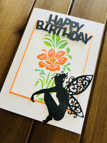 Orange Flower and Fairy Silhouette Birthday Card