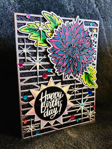 Teal and Pink Dahlia with Iridescent Silver Twinkling Sparkles Birthday Card