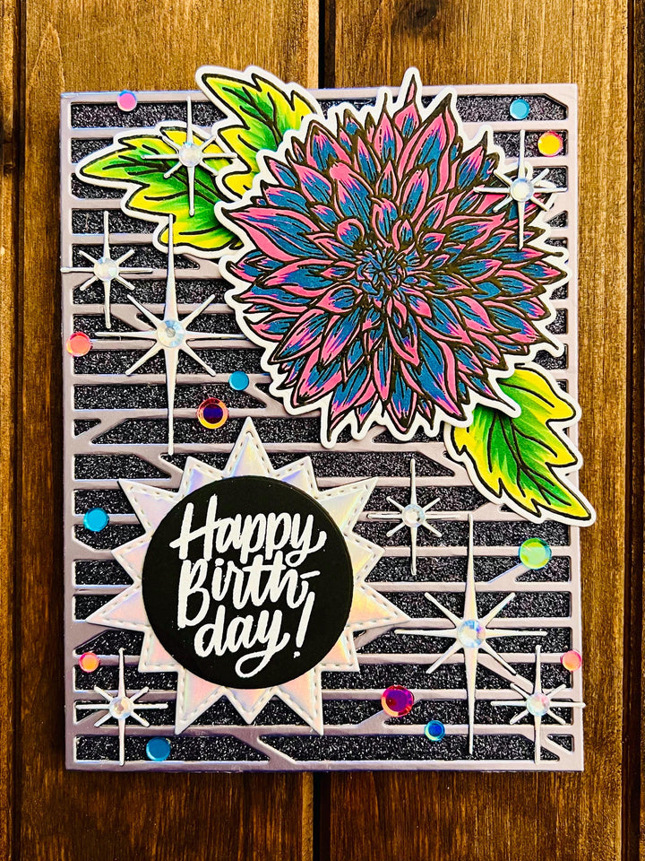 Teal and Pink Dahlia with Iridescent Silver Twinkling Sparkles Birthday Card