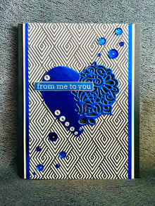 Filigree Heart Card: Metallic Blue Gem Accents, Diamond Illusion