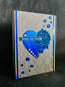 Filigree Heart Card: Metallic Blue Gem Accents, Diamond Illusion