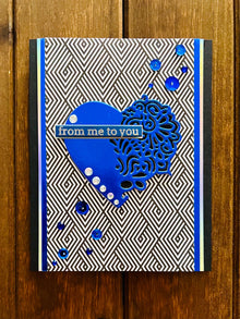Filigree Heart Card: Metallic Blue Gem Accents, Diamond Illusion