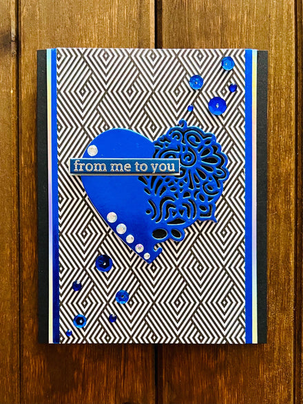 Filigree Heart Card: Metallic Blue Gem Accents, Diamond Illusion