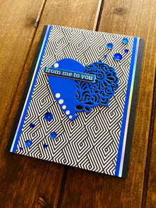 Filigree Heart Card: Metallic Blue Gem Accents, Diamond Illusion