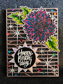 Teal and Pink Dahlia with Iridescent Silver Twinkling Sparkles Birthday Card