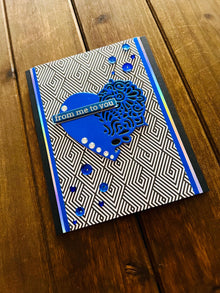 Filigree Heart Card: Metallic Blue Gem Accents, Diamond Illusion