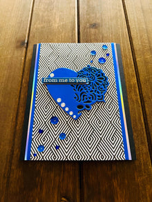 Filigree Heart Card: Metallic Blue Gem Accents, Diamond Illusion