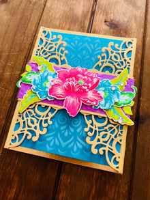 Gold Filigree Gatefold Blank Card with Floral Belly Band