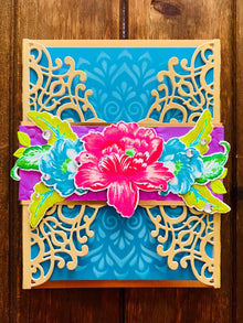 Gold Filigree Gatefold Blank Card with Floral Belly Band