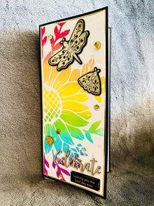 Large Rainbow Flower and Gold Dragonfly and Moth Celebrate Slimline Card