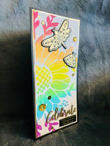 Large Rainbow Flower and Gold Dragonfly and Moth Celebrate Slimline Card