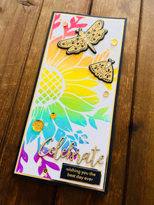 Large Rainbow Flower and Gold Dragonfly and Moth Celebrate Slimline Card