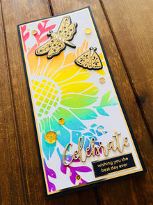 Large Rainbow Flower and Gold Dragonfly and Moth Celebrate Slimline Card