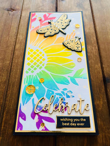 Large Rainbow Flower and Gold Dragonfly and Moth Celebrate Slimline Card