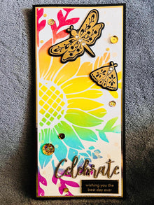 Large Rainbow Flower and Gold Dragonfly and Moth Celebrate Slimline Card