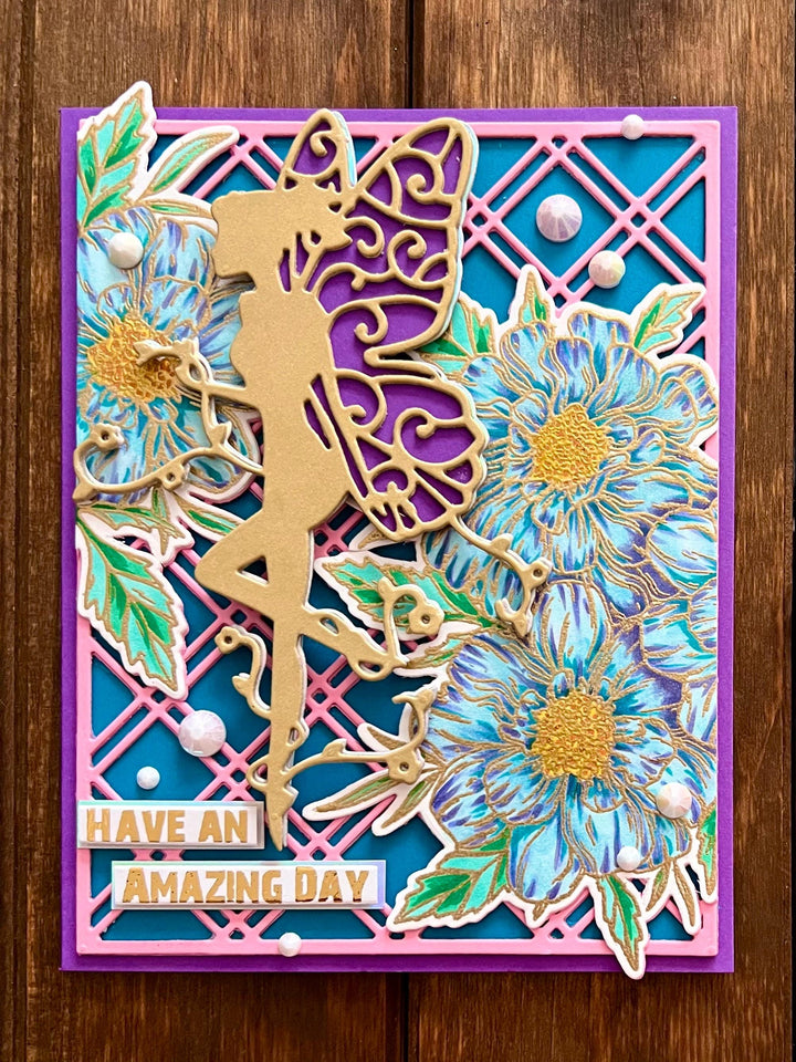 Gold Fairy Card: Blue Floral Embossed Handmade Greeting