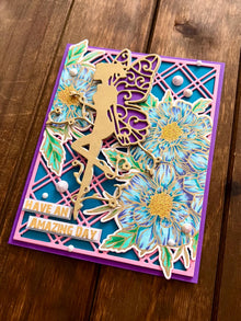 Gold Fairy Card: Blue Floral Embossed Handmade Greeting