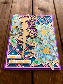 Gold Fairy Card: Blue Floral Embossed Handmade Greeting