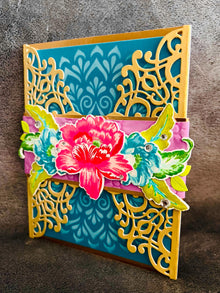 Gold Filigree Gatefold Blank Card with Floral Belly Band