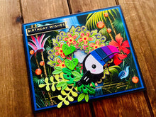 Colorful Toucan Birthday Card: Jungle Scene on Black Cardstock