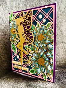Gold Fairy Card: Blue Floral Embossed Handmade Greeting